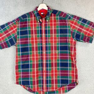 Vintage Tommy Hilfiger Shirt Mens Large Red Green Plaid Crest‎ 90s Y2K Camp